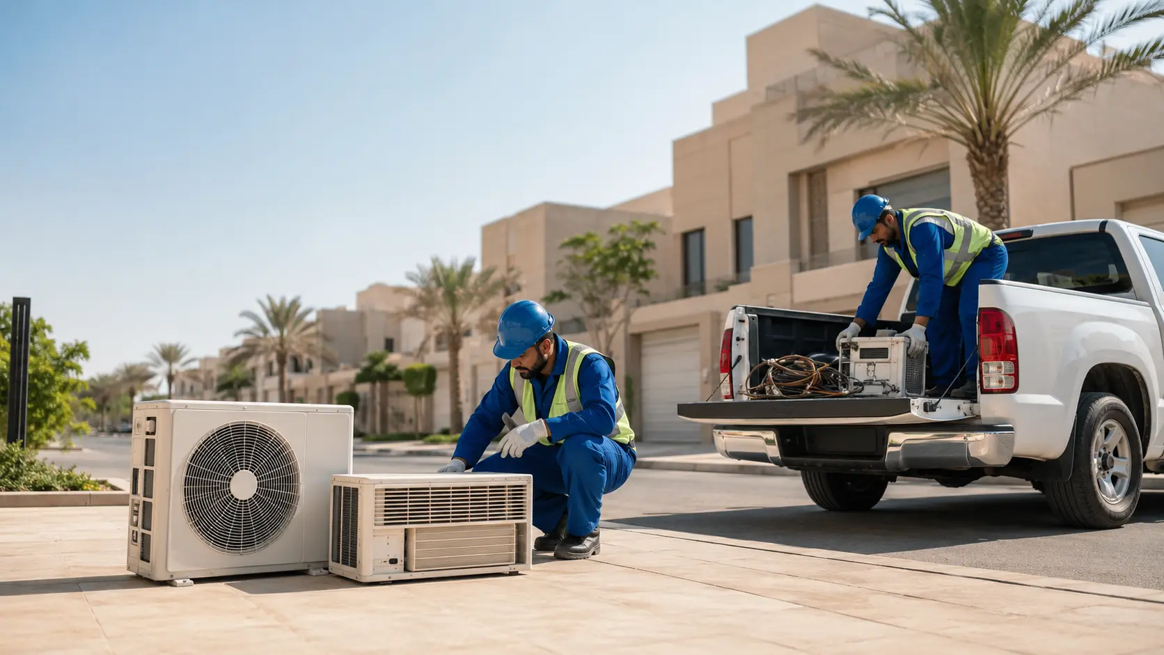 Professional AC scrap recycling workers collecting old split and window air conditioners outside a modern villa in Dammam, Saudi Arabia, with a white pickup truck and recyclable copper and aluminum components under bright daylight.