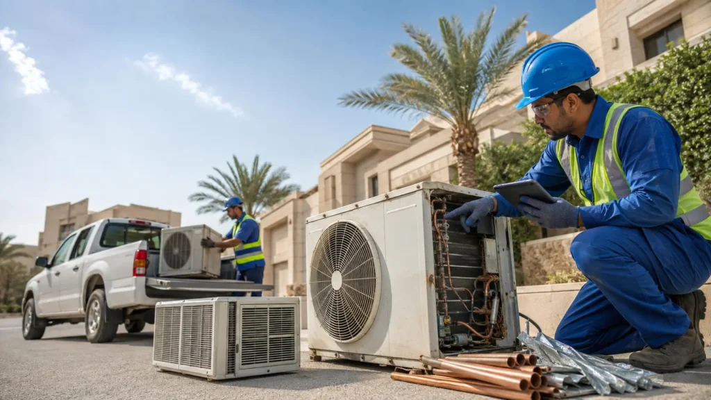 فني يقوم بفحص وفك مكيف سبليت قديم استعدادًا لبيعه كسكراب في الدمام مع استعادة النحاس لزيادة قيمة سكراب المكيفات.