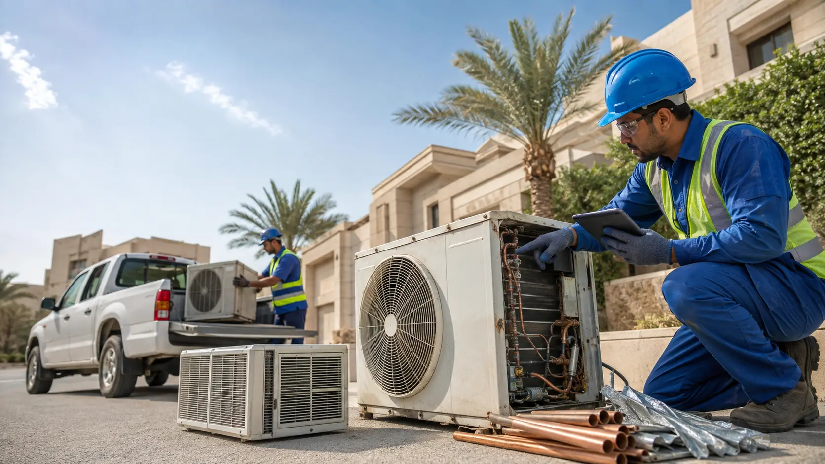 فني يقوم بفحص وفك مكيف سبليت قديم استعدادًا لبيعه كسكراب في الدمام مع استعادة النحاس لزيادة قيمة سكراب المكيفات.
