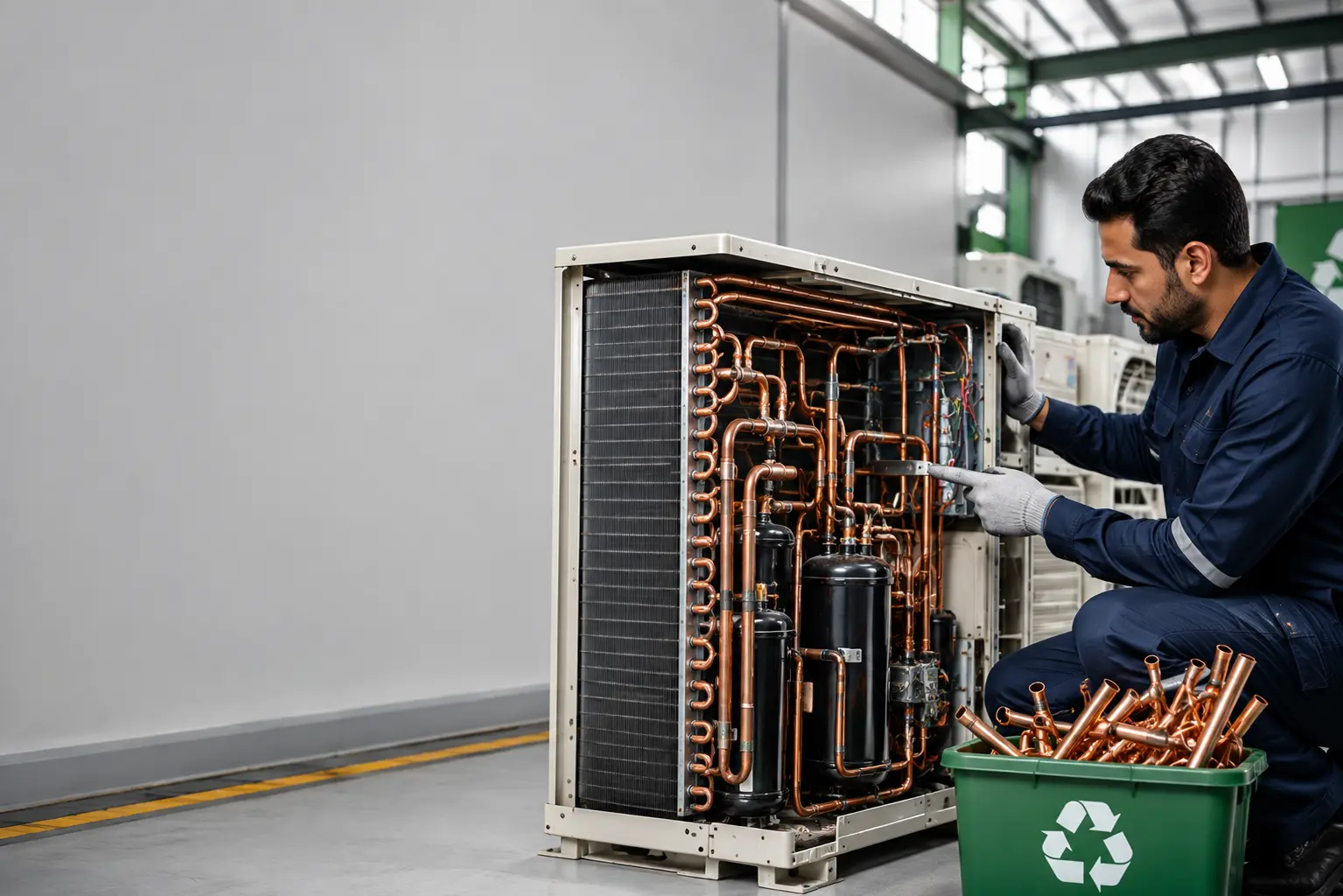 Professional technician inspecting valuable copper pipes, aluminum coils, compressor, and internal components inside an old air conditioner for scrap recycling in Saudi Arabia.
